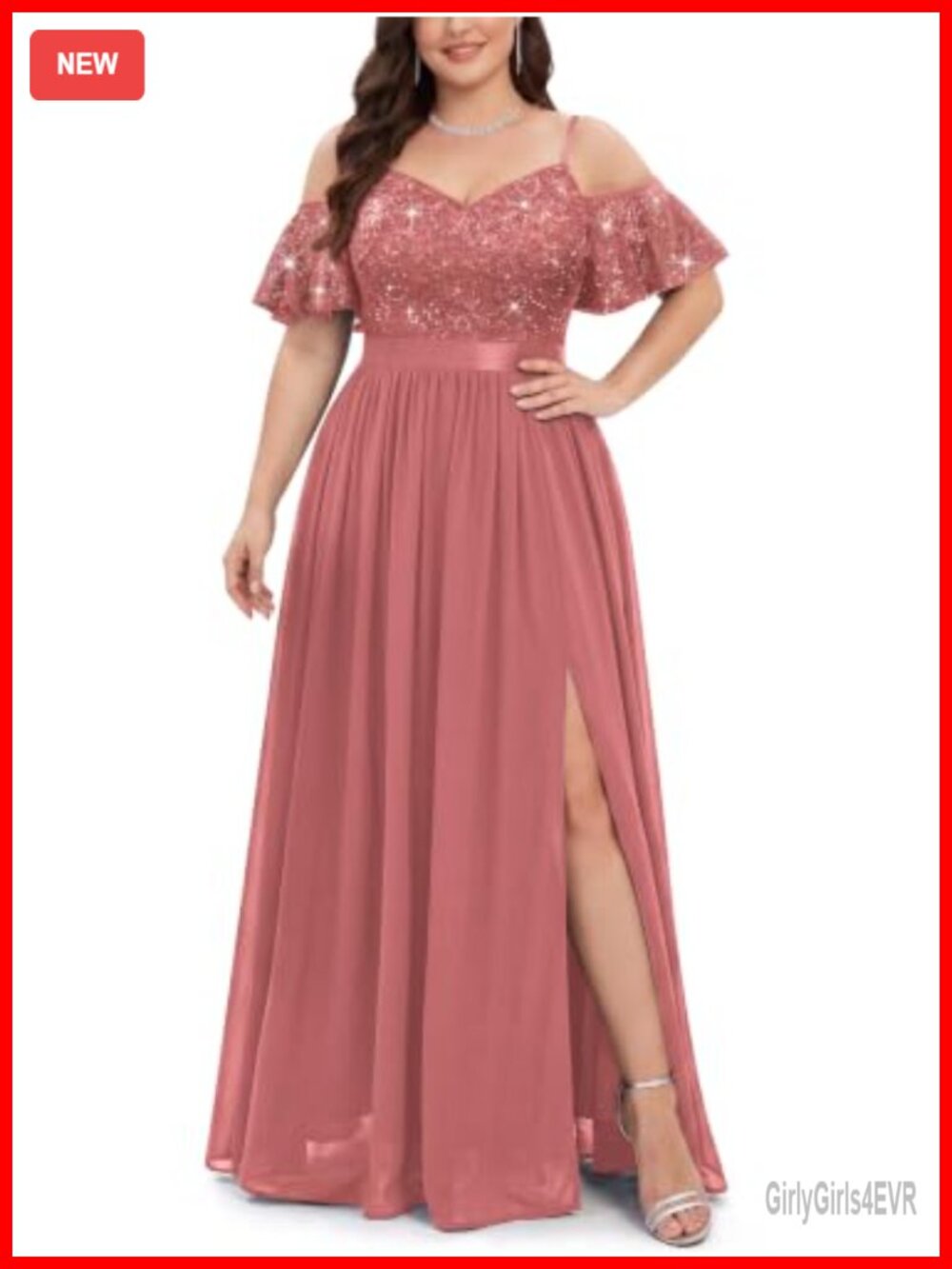 Plus Size Sequin Lace Off Shoulder Chiffon Maxi Formal Dress with Slit